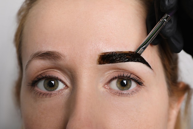 Beautician applying tint during eyebrows correction procedure on light grey background closeup