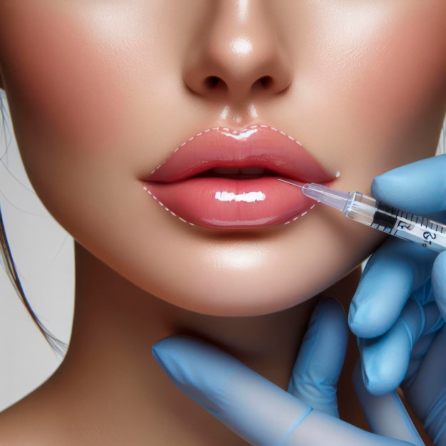 Фото Косметолог окрашивает губы женщины с помощью гиалуроновой кислоты на белом твёрдом фоне.