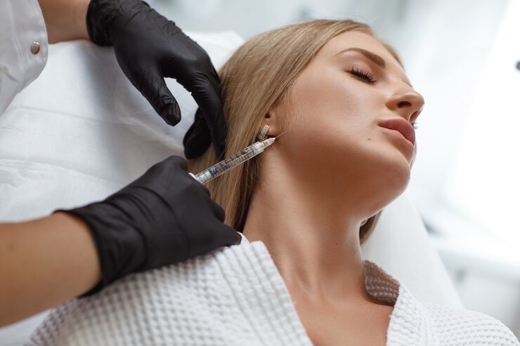 Photo beautician making injection in woman's face, closeup. biorevitalization procedure. plastic surgery. cosmetology salon