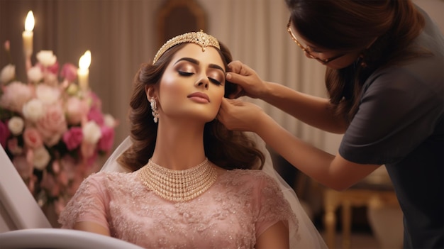 Beautician with female client at parlar for bridal makeup