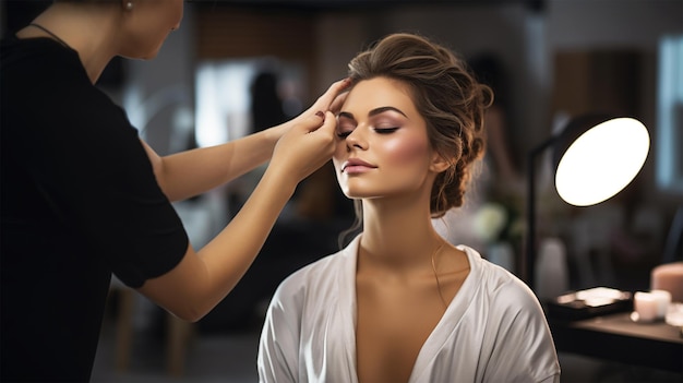 Photo beautician with female client at parlar for bridal makeup