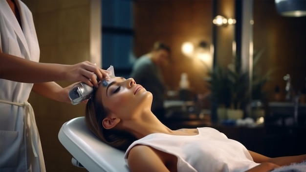 Beautician with female client at parlor for hair spa