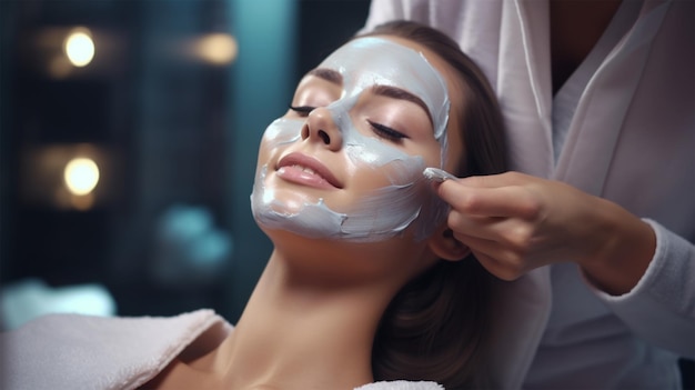 Beautician with female client at salon a facial mask in a spa