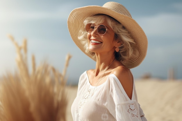 Beautifil old woman smiling on the beach