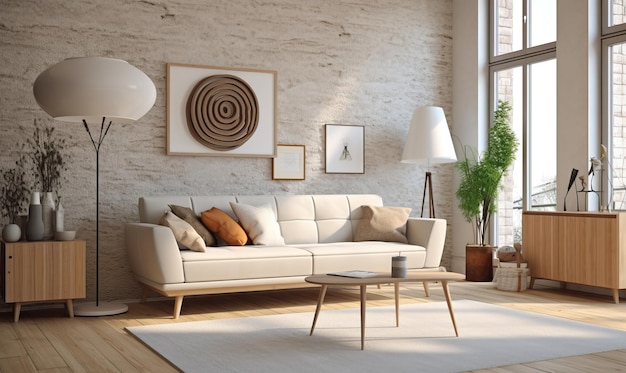 Beautiful 1960sstyle living room white with orange accents Created using generative AI tools