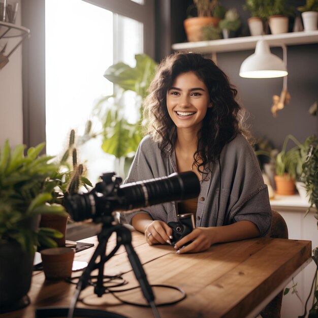 Photo beautiful 24yearold woman recording a video in her home