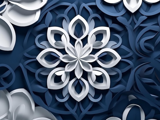 Beautiful 3D Blue and White Flowers Papercut Art Decoration AI Generated