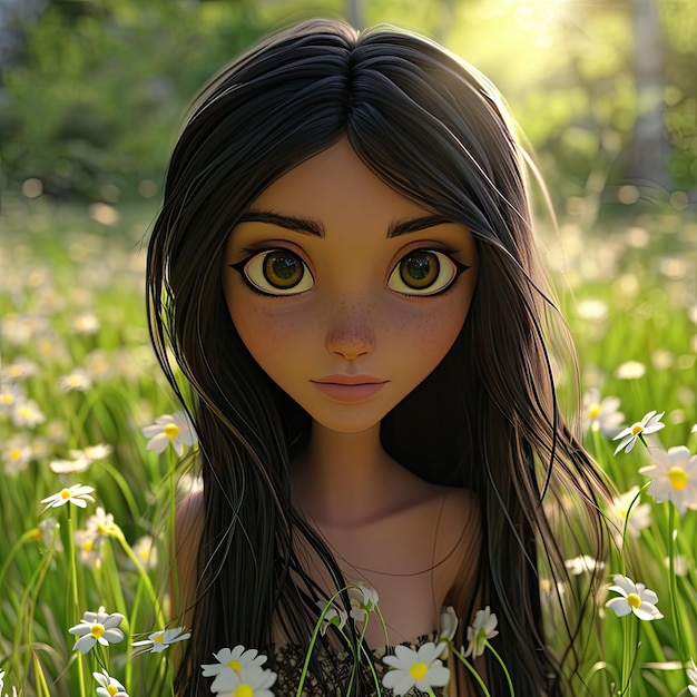 Beautiful 3d cartoon girl portrait in natural flower garden