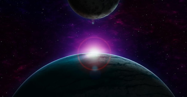 Beautiful 3D Colorful Planet at Sunrise or Sunset with Outer Space view Panorama, Nebula clouds