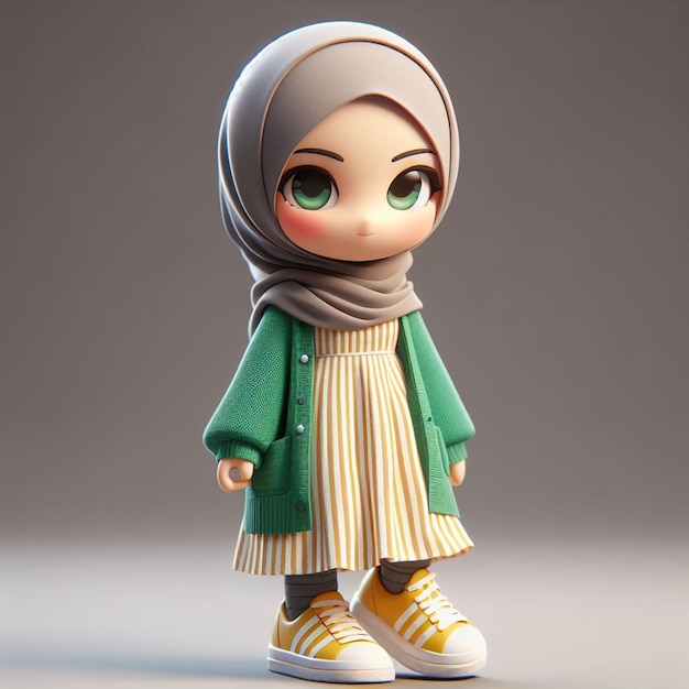 Beautiful 3D female chibi character in hijab Wearing a dress with a green cardigan and yellow strip