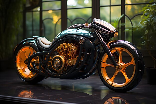 Beautiful 3D illustration of a futuristic motorcycle with shiny metal surface is displayed in the showroom This could be an inspiration for anyone thinking of designing a prototype car to build on