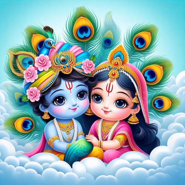 Photo beautiful 3d image of lord radhakrishna wallpaper poster banner style janmashtami ai generated