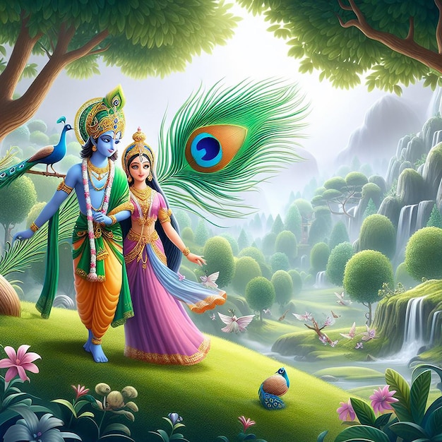 Foto bella immagine 3d di lord radhakrishna carta da parati poster banner stile janmashtami ai generato