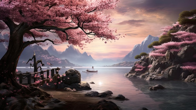 Beautiful 3D Nature and landscape wallpaper Japanese Park with Cherry Blossom Tree