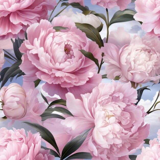 Beautiful 3d pattern design of delicate light pink peonies with intricate lacelike leaves