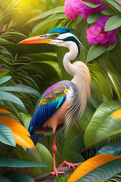 Beautiful 3d realistic Heron in exotic jungle full of tropical leaves and large flowers