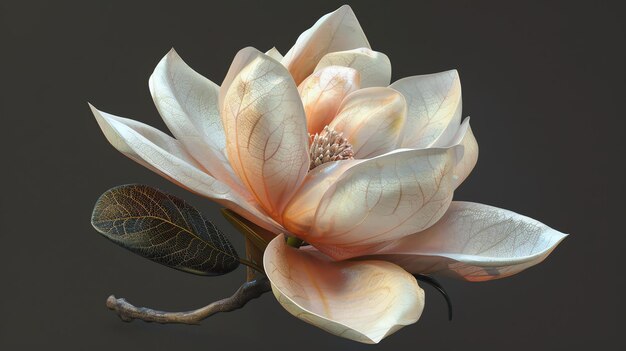 A beautiful 3D rendering of a magnolia flower The petals are a soft creamy white color and the leaves are a deep green