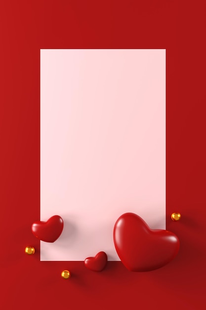발렌타인 데이 컨셉의 아름다운 3D 렌더링 만적 인 인사 카드 제품 및 포디움 디스플레이 디자인과 마음, 사랑 및 감정