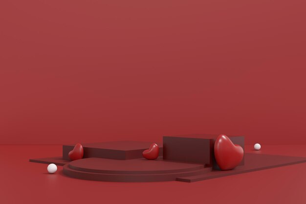 Красивый 3D-рендеринг концепции Дня святого Валентина Романтическая поздравительная карточка Продукт и подиум Дизайн дисплея с сердцами Любовь и чувства