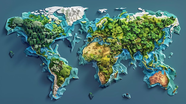 A beautiful 3D world map with a blue background The continents are green and textured to look like real landmasses