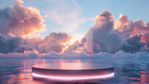 Фото Красивый 4k фон с мечтательными облаками, неоновым светом на заднем плане и романтическим 3d морским пейзажем