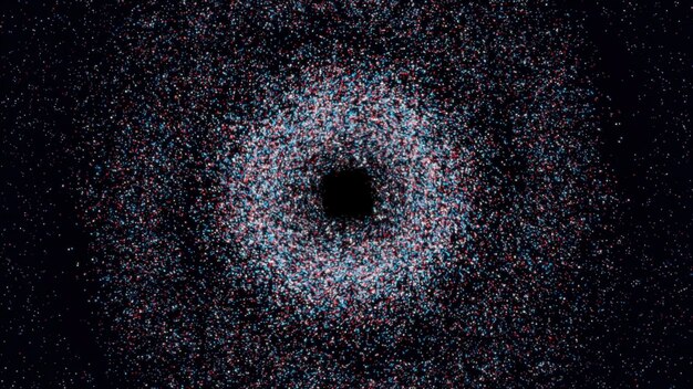 검정색 배경에서 회전하는 다양한 색상의 작은 입자의 아름다운 추상 애니메이션