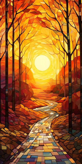 Beautiful abstract autumn forest at sunset in the style of mosaics stained glass window Colorful a