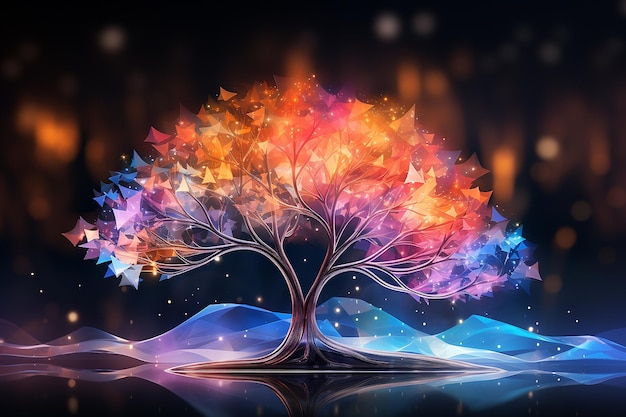 Photo beautiful abstract background transparent colorful glass tree with blur lights on black backgdrop