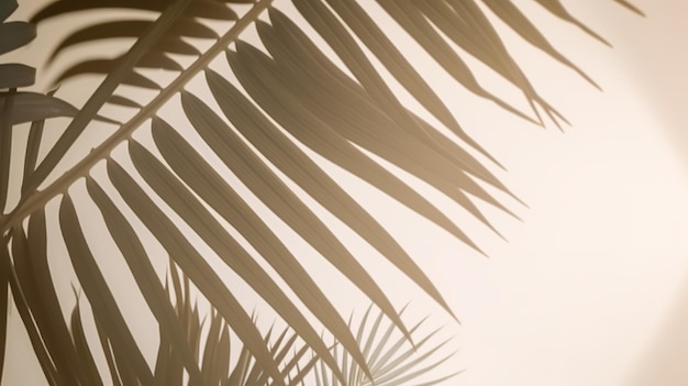 Beautiful abstract banner with green palm leaves shadow beige on white background Natural leaf concept Green natural background Palm tree leaf texture Summer concept Abstract floral pattern