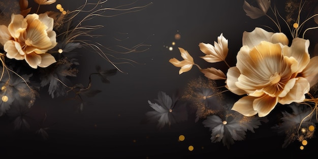 아름다운 추상적인 검은색과 금색의 럭셔리 야간 사진 꽃 디자인 배경 배너 아름다운 생성 AI AIG32