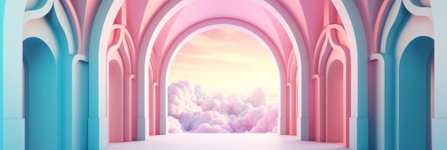 Beautiful abstract colorful corridor with color arch on a sky and cloud background 3D render composition Generate AI