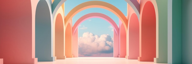 Beautiful abstract colorful corridor with color arch on a sky and cloud background 3D render composition Generate AI