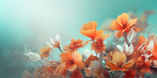 Beautiful abstract coral turquoise and yellow misty morning photo floral design background banner beautiful Generative AI AIG32