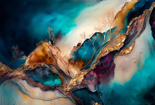 Beautiful abstract fluid art background texture ink and gold mixed texture Generative ai