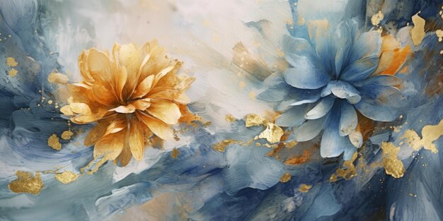 Beautiful abstract gold and blue impressionistic floral design background beautiful Generative AI AIG32