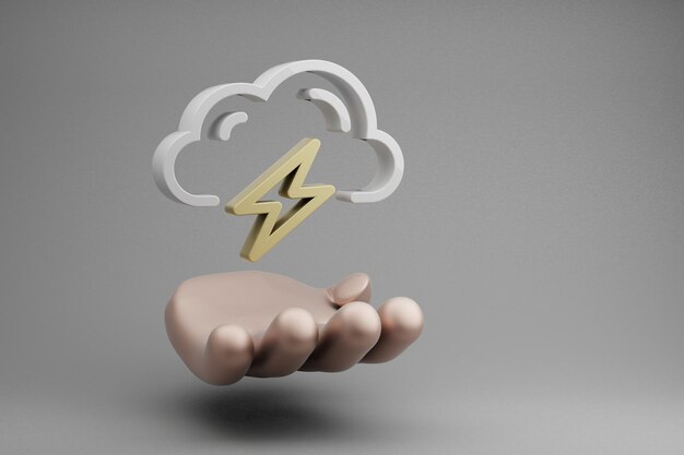 Photo beautiful abstract illustrations golden hand holding cloud thunder bolt symbol icon on a gray backgr