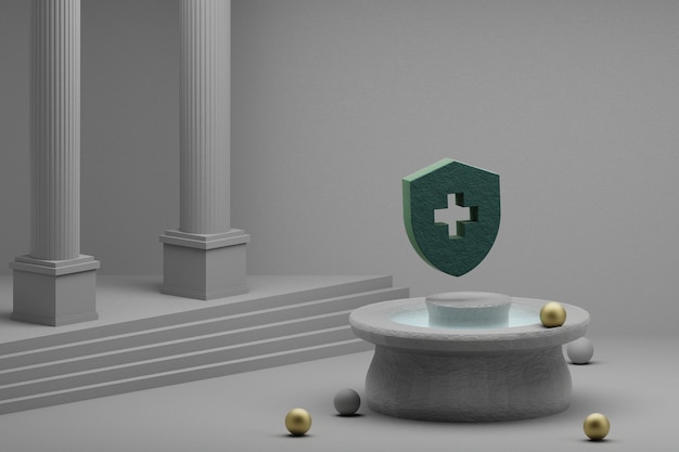 Photo beautiful abstract illustrations green health and safety symbol icon on a fountain and column backgr