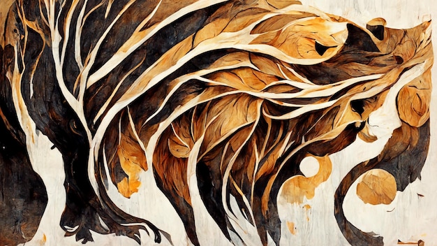 Beautiful abstract lion wood painting 3d illustration