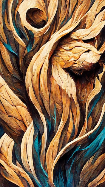 Beautiful abstract lion wood painting 3d illustration