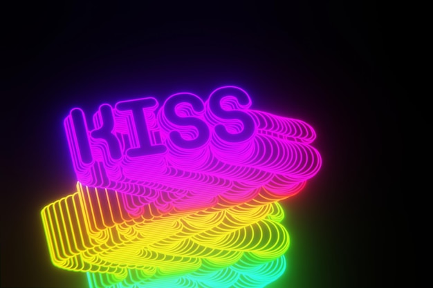 Beautiful Abstract neon background word Kiss on a black background 3d rendering illustration Backgr