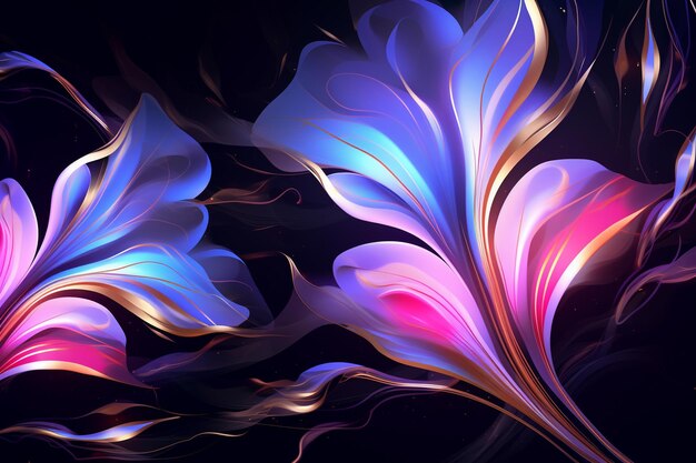 美しい抽象的なネオンの光の光沢のあるメタリックな花柄