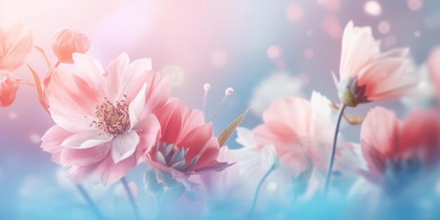 아름 다운 추상 핑크 블루 파스텔 안개 낀 아침 사진 꽃 디자인 배경 배너 아름 다운 생성 AI AIG32