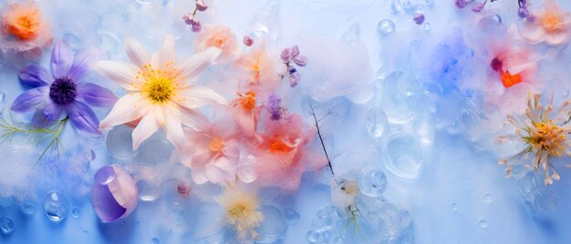 写真 美しい抽象的な春の背景は青い背景の花と氷で凍った春の花です