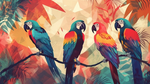 Beautiful abstract tropics seamless pattern with parrots AI generated