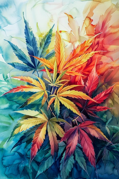 A beautiful abstract vertical watercolor image of bright and juicy cannabis leaves