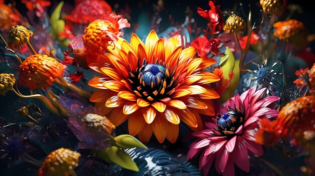 Beautiful abstraction of bright mixed colors of paints and flowers on a dark background