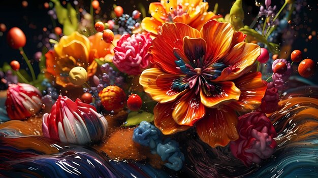 Photo beautiful abstraction of bright mixed colors of paints and flowers on a dark background