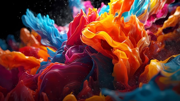 Beautiful abstraction of bright mixed colors of paints and splashes on a dark background
