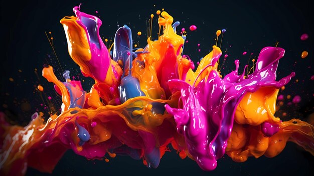 Photo beautiful abstraction of bright mixed colors of paints and splashes on a dark background