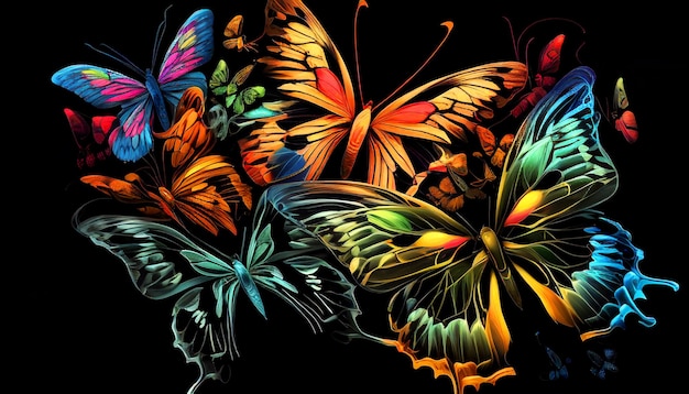 Beautiful abstraction from bright butterflies on a black background